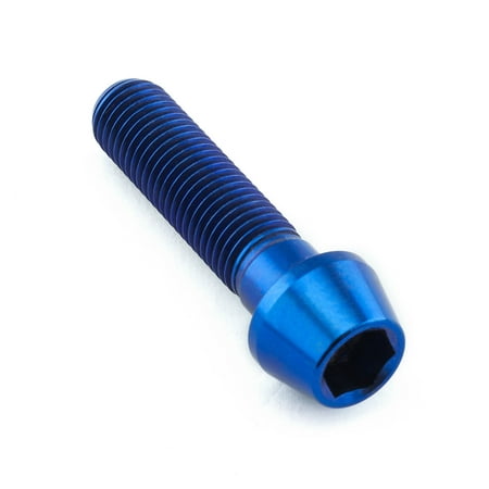 Blue tapered Allen head titanium bolt measuring M10 x 1.25mm x 40mm, featuring a smooth finish and hexagonal socket for easy installation.