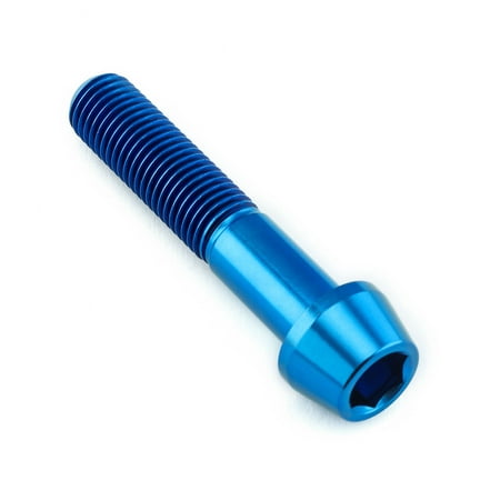 Tapered Allen head titanium bolt in vibrant blue, measuring M10 x 1.25mm x 50mm with a 25mm length, featuring a smooth finish and deep hex socket for easy installation.