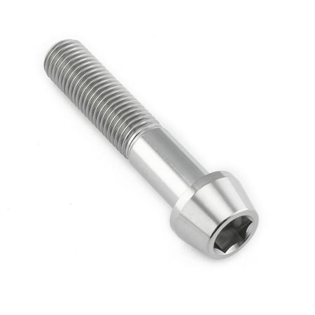 Tapered Allen head titanium bolt in natural finish, measuring M10 x 1.25mm x 50mm, featuring a smooth, shiny surface and a hexagonal socket for easy installation.