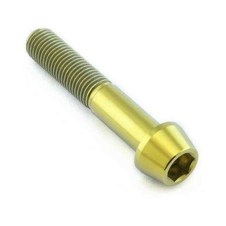 Gold titanium tapered Allen head bolt, measuring M10 x 1.25mm x 55mm, featuring a smooth finish and prominent threading for secure fastening.