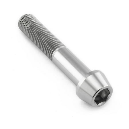 Tapered Allen head titanium bolt in natural finish, measuring M10 x 1.25mm x 55mm with a 25mm length, showcasing a smooth, shiny surface and detailed threading.