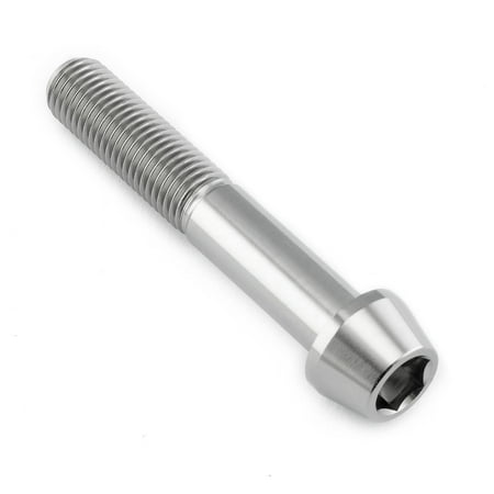 Tapered Allen head titanium bolt in natural finish, measuring M10 X 1.25mm X 60mm with a 30mm thread length, featuring a shiny, lightweight design.