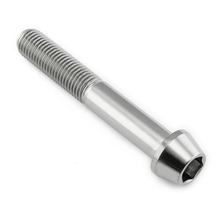 Tapered Allen head titanium bolt in natural finish, measuring M10 x 1.25mm x 65mm, featuring a smooth shaft and hexagonal recess for tool engagement.