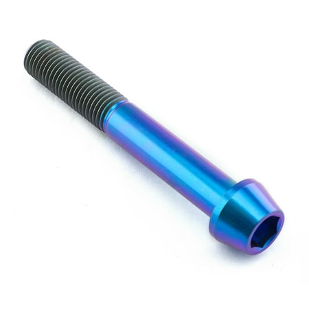 Purple titanium tapered Allen head bolt, M10 size, 1.25mm thread pitch, 70mm length with a 25mm head diameter, showcasing a vibrant metallic finish.