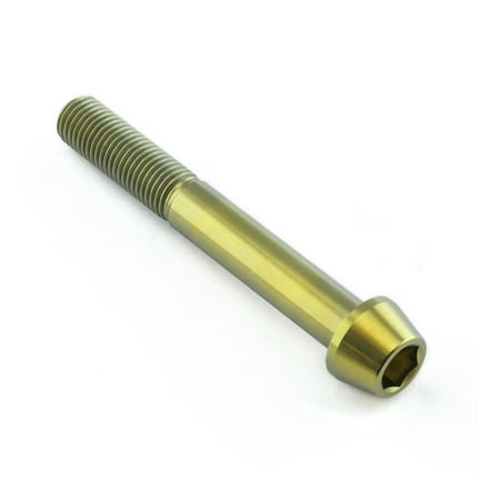 Gold titanium tapered Allen head bolt, measuring M10 x 1.25mm x 75mm with a 30mm thread length, featuring a smooth finish and hexagonal socket for tool insertion.