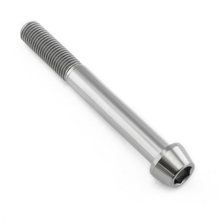 Tapered Allen head titanium bolt in natural finish, measuring M10 x 1.25mm x 85mm with a 30mm thread length, featuring a smooth, shiny surface and hexagonal socket.