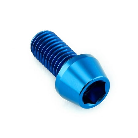 Blue tapered Allen head titanium bolt, M10 x 1.50mm x 20mm, featuring a shiny finish and hexagonal socket for tool insertion.
