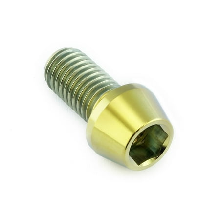Gold titanium tapered Allen head bolt, M10 size with a 1.50mm thread pitch and 20mm length, featuring a hexagonal socket for easy installation.