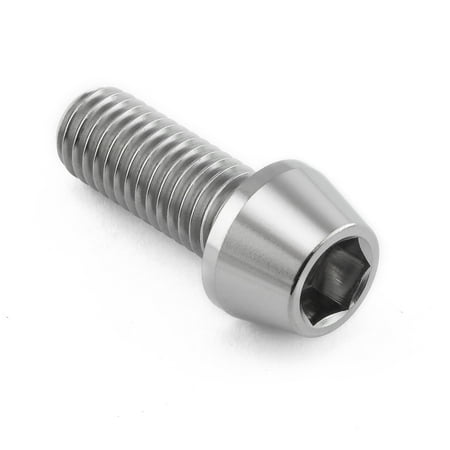 Tapered Allen head titanium bolt in natural finish, measuring M10 x 1.50mm x 25mm, featuring a shiny metallic surface and a hexagonal socket for tool insertion.