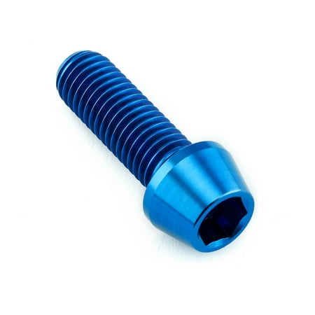 Blue tapered Allen head titanium bolt, M10 size, 1.50mm thread pitch, 30mm length, featuring a shiny finish and deep hex socket for secure fastening.