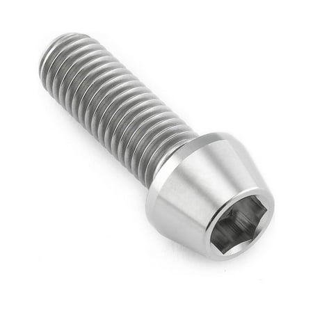 Tapered Allen head titanium bolt in natural finish, measuring M10 x 1.50mm x 30mm, featuring a smooth, shiny surface and distinct spiral threading.