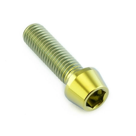 Gold titanium tapered Allen head bolt, measuring M10 x 1.50mm x 35mm with a 25mm shaft, featuring a shiny finish and hexagonal socket for easy installation.