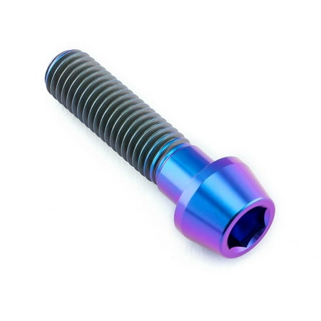 Tapered Allen head titanium bolt in purple, measuring M10 x 1.50mm x 40mm, featuring a shiny finish and prominent threading for secure fastening.