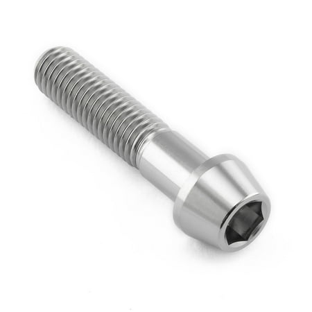 Tapered Allen head titanium bolt in natural finish, measuring M10 x 1.50mm x 45mm, featuring a smooth, shiny surface and a hexagonal socket for easy installation.