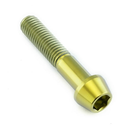 Gold tapered Allen head titanium bolt, measuring M10 x 1.50mm x 50mm, featuring a smooth finish and prominent threading for secure fastening.