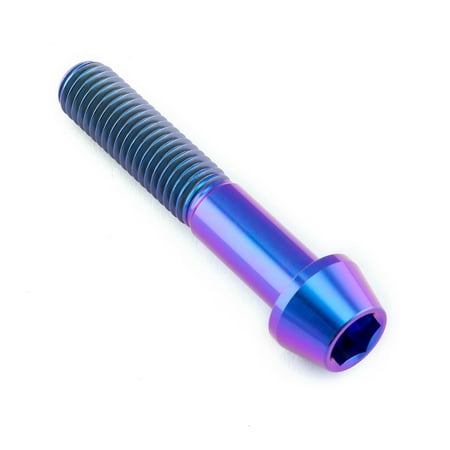 Purple titanium tapered Allen head bolt, measuring M10 x 1.50mm x 55mm, featuring a shiny, iridescent finish and a hexagonal socket for easy installation.
