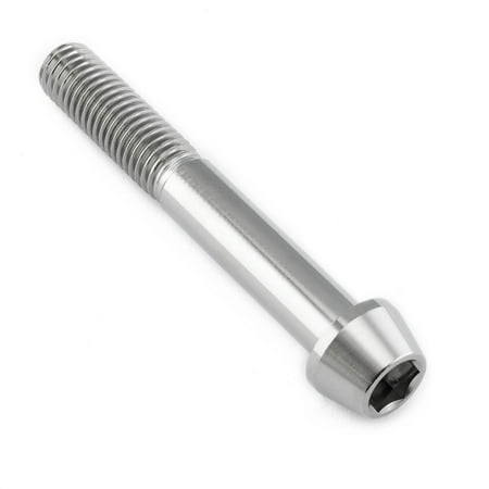 Tapered Allen head titanium bolt in natural finish, measuring M10 x 1.50mm x 70mm with a 25mm length, featuring a smooth, shiny surface and hexagonal socket for tool fitting.