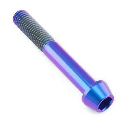 Purple titanium tapered Allen head bolt, measuring M10 x 1.50mm x 70mm with a 25mm head, featuring a shiny, iridescent finish and hexagonal socket for easy installation.