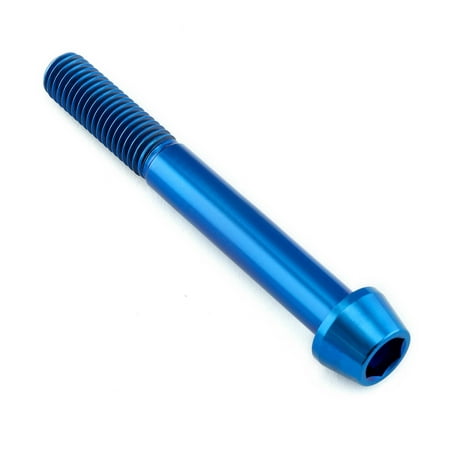 Tapered Allen head bolt in vibrant blue titanium, measuring M10 X 1.50mm X 80mm, featuring a smooth finish and prominent threading along the shaft.