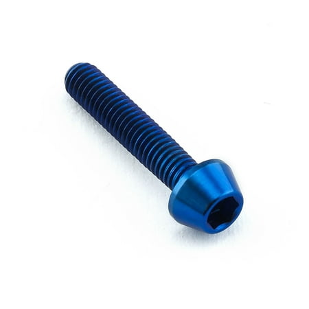 Blue titanium tapered Allen head bolt, measuring M3 x 0.50mm x 15mm, featuring a shiny finish and hexagonal recess for easy installation.