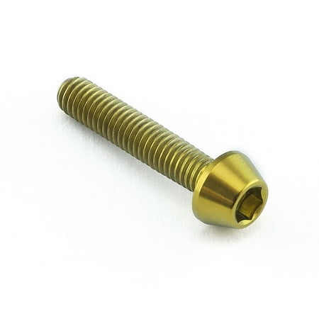 Gold tapered Allen head titanium bolt, measuring M3 x 0.50mm x 15mm, featuring a shiny finish and hexagonal socket for easy installation.