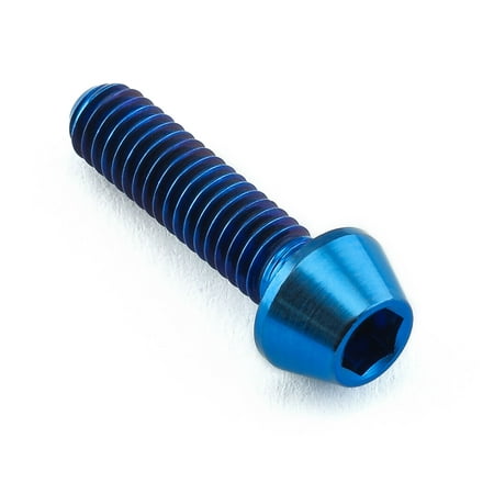 Blue titanium tapered Allen head bolt, measuring M4 x 0.70mm x 15mm, featuring a smooth finish and hexagonal socket for easy installation.