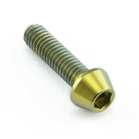 Gold titanium tapered Allen head bolt, measuring M4 x 0.70mm x 15mm, featuring a smooth, shiny finish and a hexagonal socket for easy installation.