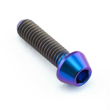 Purple titanium tapered Allen head bolt, M4 size, measuring 15mm in length, featuring a shiny finish and distinct hexagonal socket for easy installation.