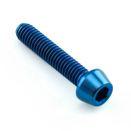 Blue tapered Allen head titanium bolt, measuring M4 x 0.70mm x 20mm, featuring a smooth finish and hexagonal socket for easy installation.