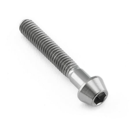 Tapered Allen head titanium bolt in natural finish, measuring M4 x 0.70mm x 25mm, featuring a smooth, shiny surface and spiral threading for secure fastening.