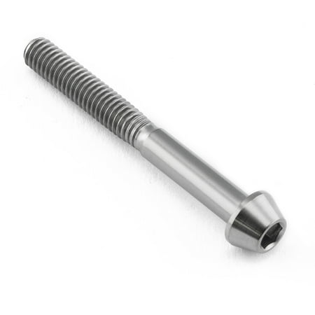 Tapered Allen head titanium bolt in natural finish, measuring M4 x 0.70mm x 35mm with a 20mm long threaded section, featuring a smooth, shiny surface and spiral threading.