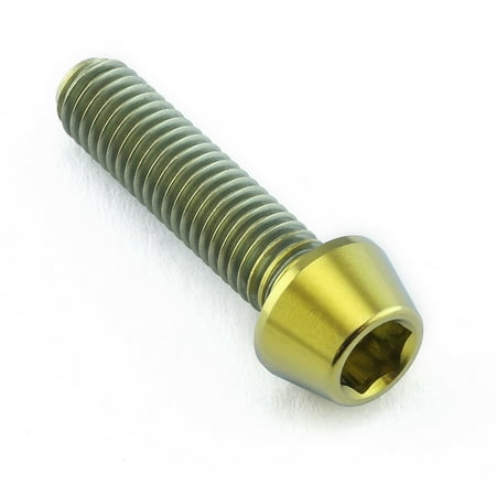 Gold titanium tapered Allen head bolt, measuring M5 X 0.80mm X 20mm, featuring a smooth finish and spiral threading for secure fastening.