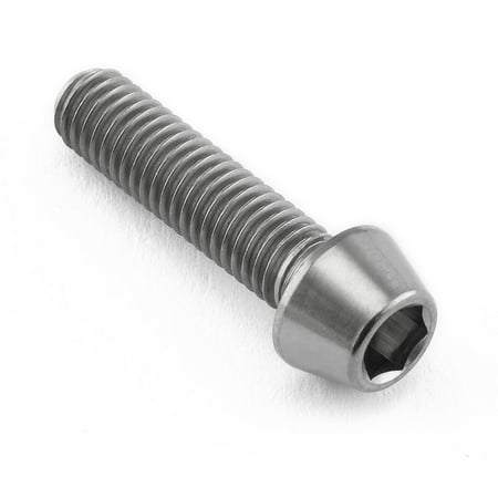 Tapered Allen head titanium bolt in natural finish, measuring M5 X 0.80mm X 20mm, featuring a smooth, shiny surface and hexagonal socket for tool insertion.