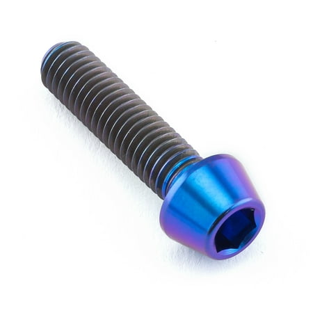 Tapered Allen head titanium bolt in purple, measuring M5 x 0.80mm x 20mm, featuring a shiny finish and distinct threading along the shaft.