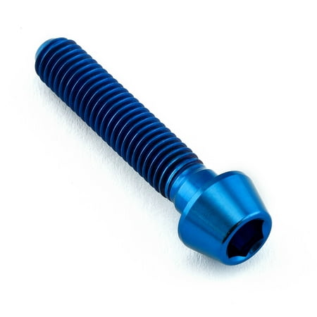 Blue tapered Allen head titanium bolt, measuring M5 x 0.80mm x 25mm, featuring a smooth, shiny finish and deep hex socket for secure fastening.