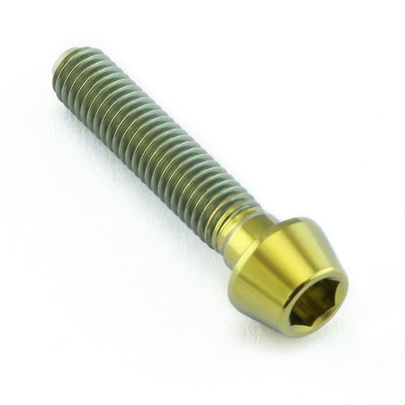 Gold titanium tapered Allen head bolt, measuring M5 x 0.80mm x 25mm, featuring a smooth, shiny finish and distinct threading along the shaft.