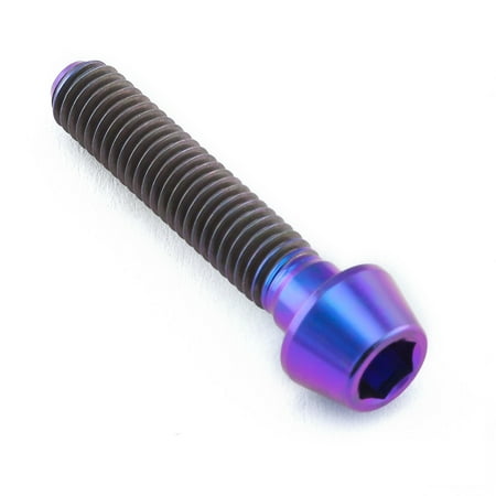 Tapered purple titanium Allen head bolt, measuring M5 x 0.80mm x 25mm, featuring a smooth finish and a hexagonal socket for easy installation.