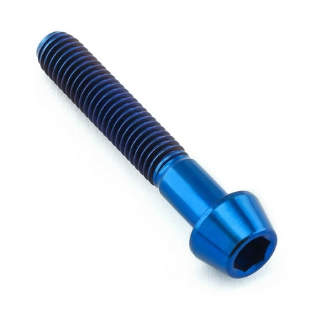Blue titanium tapered Allen head bolt, measuring M5 x 0.80mm x 30mm, featuring a hexagonal socket and a sleek, shiny finish.