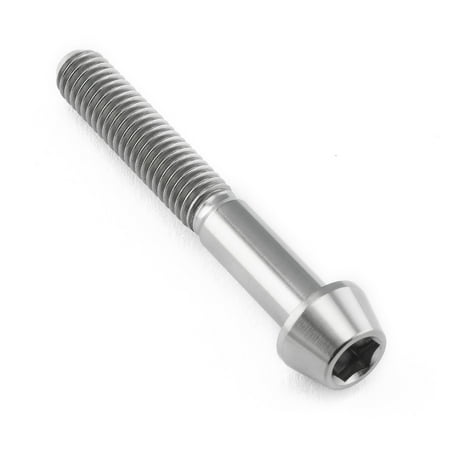 Tapered Allen head titanium bolt in natural finish, measuring M5 x 0.80mm x 35mm, featuring a smooth, shiny surface and hexagonal recess for tool insertion.