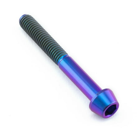 Tapered purple titanium Allen head bolt, measuring M5 X 0.80mm X 40mm, featuring a shiny finish and a hexagonal socket for easy installation.