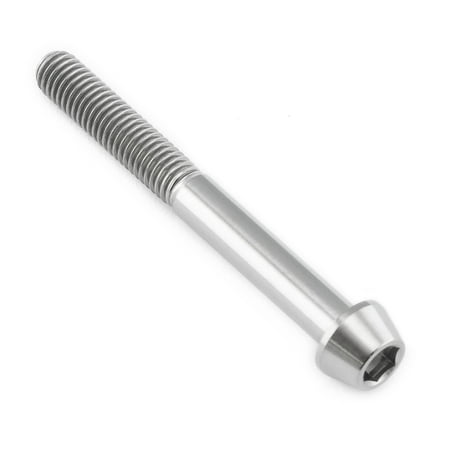 Tapered Allen head titanium bolt in natural finish, measuring M5 x 0.80mm x 45mm, featuring a sleek, shiny surface and a hexagonal socket for easy installation.
