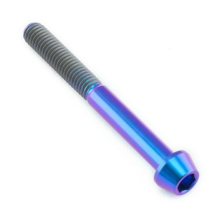 Purple titanium tapered Allen head bolt, measuring M5 x 0.80mm x 45mm, featuring a shiny finish and a hexagonal socket for tool engagement.