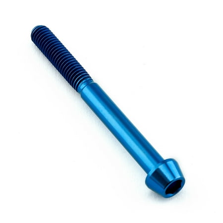 Blue titanium tapered Allen head bolt, measuring M5 x 0.80mm x 50mm with a 20mm length, featuring a smooth finish and distinct threading.