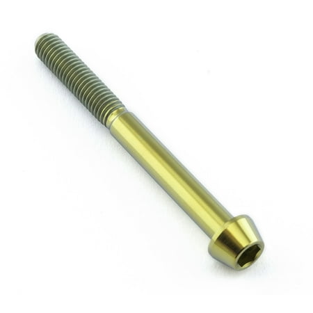 Gold titanium tapered Allen head bolt, measuring M5 x 0.80mm x 50mm, featuring a smooth, shiny finish and distinct threading along the shaft.
