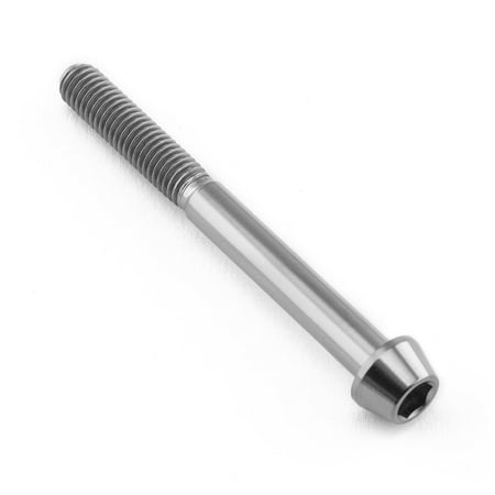 Tapered Allen head titanium bolt in natural finish, measuring M5 x 0.80mm x 50mm with a 20mm length, featuring a smooth, shiny surface and distinct threading.