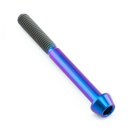 Tapered Allen head titanium bolt in purple, measuring M5 x 0.80mm x 50mm, featuring a smooth, shiny finish and distinct threading.