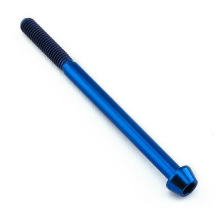 Blue titanium tapered Allen head bolt, measuring M5 x 0.80mm x 70mm with a 30mm thread length, featuring a sleek finish and precise threading.