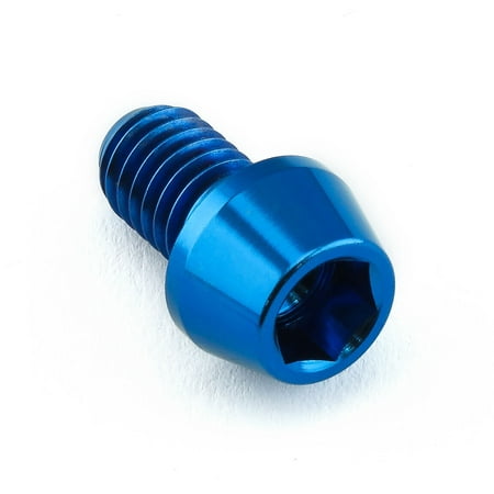 Blue tapered Allen head titanium bolt, measuring M6 x 1.00mm x 10mm, featuring a smooth finish and hexagonal socket for easy installation.