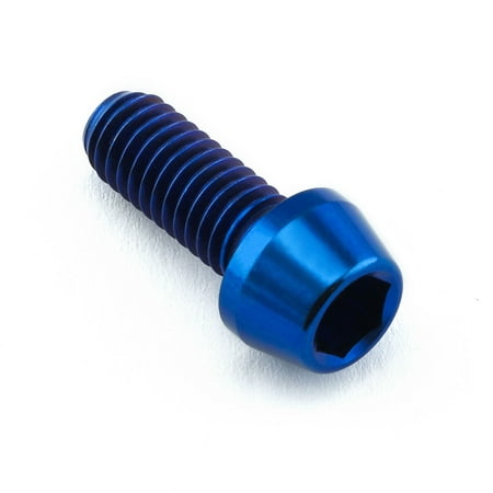 Blue tapered Allen head titanium bolt, M6 x 1.00mm x 15mm, featuring a smooth finish and six-sided socket for easy installation.