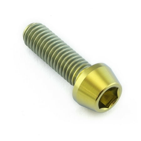 Gold titanium tapered Allen head bolt, M6 size, 1.00mm thread pitch, 20mm length, featuring a hexagonal socket for easy installation.